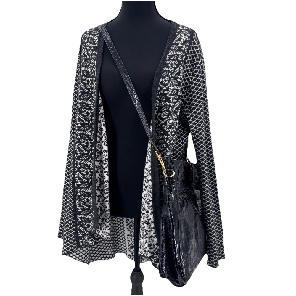 Vintage Black White Geometric Knit Cardigan Womens L Duster Grunge Whimsigoth